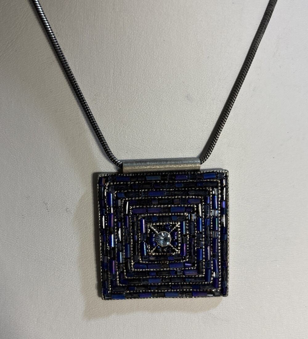 Blue Purple Bugle Bead Square Pendant Necklace Gunmetal Tone Snake Chain